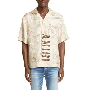 Vacation Alloverロゴ半袖セピアプリントステンシルカスタムプリントハワイアンボタンアップシャツ男性用