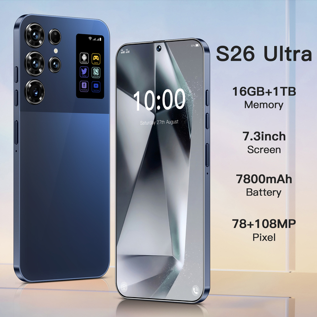 Hot Selling S26 Ultra Smartphones 16GB+1TB Android 15 HD Screen 4G5G 7.3 Inch New Mobile Phone 108MP 100W Facial Recognition