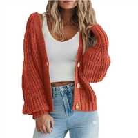 Kardigan Rajut Wanita Klasik Kerah V Kancing Depan Lengan Panjang Warna Solid Longgar Kasual Sweater Hangat Nyaman untuk Musim Gugur dan Musim Dingin.