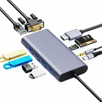 11 Port Tipe C Hub USB 3.0 Ke Ethernet 4K HDMI, Pembaca Kartu VGA Adaptor Multiport untuk MacBook Pro Dell XPS USB C Hub