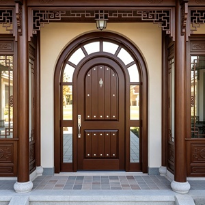 Porte d'entrée principale élégante en bois massif à arche avec transom en verre, taille sur mesure - Product Image 3