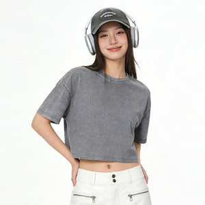 T-shirt court délavé style rétro américain 240 GSM, en pur coton, coupe ample, avec impression graphique personnalisée, pour femme tendance - Product Image 3
