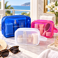 Sac de voyage cosmétique en PVC, personnalisable avec logo, durable, imperméable, bleu rose, avec fermeture éclair et poignée unique – Offre Spéciale
