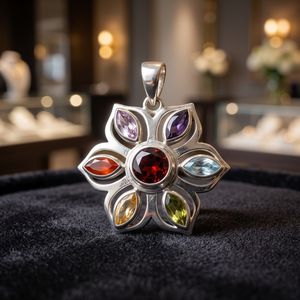 Colgante de Plata 925 con Forma de Flor y Múltiples Gemas, Granate en el Centro, Engaste en Bisel, Estilo Clásico y Lindo, para Uso Diario, Unisex, de Art Palace - Product Image 2