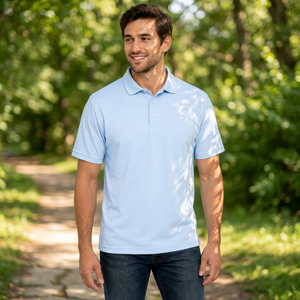 Men's <b>Light</b> Blue Short Sleeve Polo Shirt 100% Cotton Fabric Breathable Casual Style Solid Color Regular Fit - Product Image 2