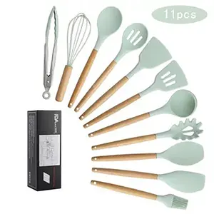Gdkk 11 buah Set peralatan silikon memasak, sendok sikat spatula sendok antilengket lampu 11 buah dengan pegangan kayu
