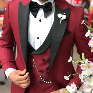 2021 borgonha 3 Peças Terno do Casamento Dos Homens ternos dos homens Slim Fit Um Botão Pico Lapela Do Noivo Smoking Formais jaqueta com calça colete