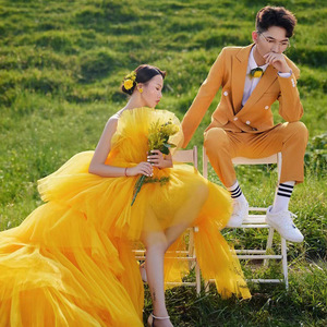 Yellow Tulle Ball Gown Strapless Wedding Dress Natural Waistline For Photo Studio Forest Theme Portrait Photography Outfit - Product Image 3