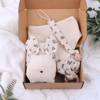 Coffret Cadeau Bébé OEM 5 Pièces : Doudou Lapin en Mousseline de Coton, Anneau de Dentition en Bois, Attache-Sucette, Bavoir – Idéal Naissance 0-12 Mois