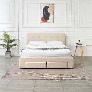 เตียงหุ้มเบาะสไตล์นอร์ดิก ขนาดควีนไซส์คู่/คิงไซส์ หัวเตียงนุ่มประดับกระดุม โครงไม้ พร้อมที่เก็บของ 4 ช่อง - Product Image 4
