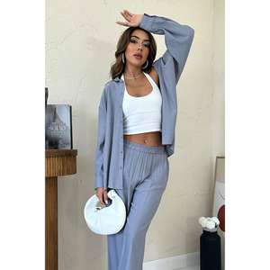 Ensemble deux pièces pour femme : chemise grise à rayures style Alice et pantalon ample taille XL, idéal pour le bureau en été/automne - Product Image 3