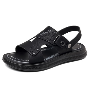 <strong>Men</strong> Casual Summer Leather <strong>Sandals</strong> Flat Design with Slip-On Closure Black and <strong>Brown</strong> Soft Breathable for Outdoor Activities - Product Image 1