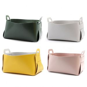 RTS Modern Rectangle Storage <b>Basket</b> PU Leather <b>Foldable</b> Desktop Organizer Handle for Detachable Cosmetic Stationery Home - Product Image 1