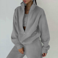 Ensemble 2 pièces pour femme : Sweat-shirt à manches longues, col à revers, demi-zip, uni, élégant, coupe ample, décontracté, style col roulé