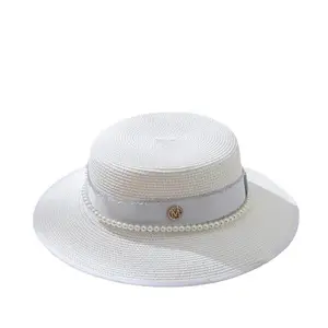 Chic Ladies Wide Brim Straw Hat Flat Simple Western European Style Summer Hat Sombreros Sun Pearl Top Straw Hats