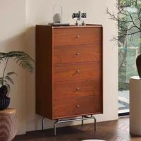 Commode haute 5 tiroirs en bois massif de qualité supérieure, étagères réglables, style vintage mi-siècle, en noyer, avec piètement métallique, pour salon