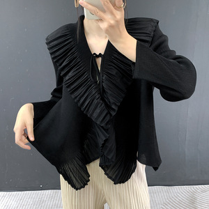 Abrigo corto plisado Miyake, novedad de otoño 2026, ropa de protección solar, blusas con volantes franceses para mujer, tallas grandes - Product Image 3