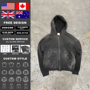Sweat à capuche de haute qualité en coton 100% avec effet délavé à l'acide, fermeture éclair et broderie vieillie - Product Image 1