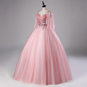 Pink Off The Shoulder Ball Gown Chiffon Prom Dress With Floral Embroidery Empire Waistline - Product Image 2