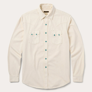 Camicia Western in <span class=keywords><strong>Denim</strong></span> 100% Cotone con Frontino Profondamente Curvato, Colore <span class=keywords><strong>Ecru</strong></span>, Lavaggio Garment, Chiusura Classica con Bottoni a Pressione - Product Image 2