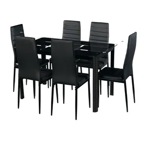 Wholesale dining room furniture dining table and chairs set tempered glass table and PVC chair