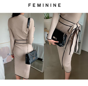 Abito Maglione Elegante Retrò di Lusso con Cintura per Donna, Collo Alto, Maniche Lunghe, Color Block, Maxi <span class=keywords><strong>Vestito</strong></span> Autunno Inverno - Product Image 6