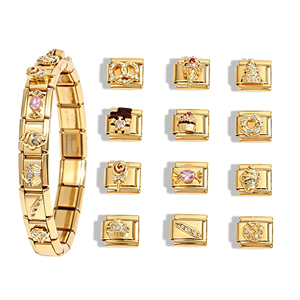 Bracciale all'ingrosso in acciaio inossidabile con ciondoli italiani a forma di dessert, placcato <span class=keywords><strong>oro</strong></span>, con ciondoli italiani a forma di cioccolato, caramella, cupcake, ciambella e zirconi - Product Image 1