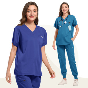 Women Hospital Scrub Set V-Neck Short Sleeve Elastic Cuff Work Uniform Moisture Wicking Knitted Split Set S XXL - Product Image 2