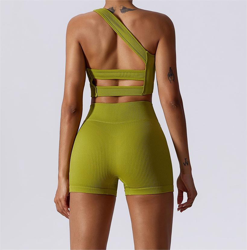 Seamless One Shoulder Sports Bra High Waist Compression Fitness Biker Shorts Sets Women