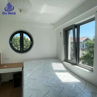 Ventana abatible de aluminio negro estilo americano con marco negro para villas y casas, ventanas redondas de vidrio templado para pantallas en dormitorios.