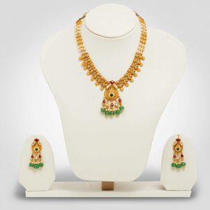 Gold Traditional Pearl Necklace <b>Set</b> with Green <b>Beads</b> Pendant and Matching Earrings Bridal Wedding Jewelry Elegant - Product Image 1