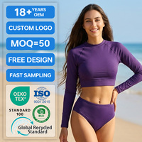 Rashguard court personnalisé UPF 50 pour femme, manches longues, col ras du cou, coutures plates, en nylon/spandex, maillot de bain court