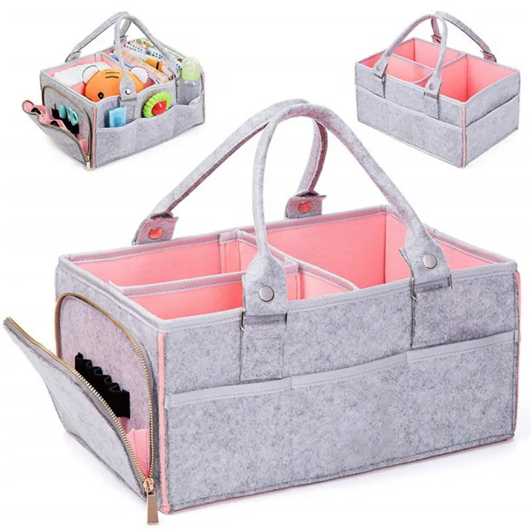 Beautiful and durable pink interior felt baby bag diaper collapsible diaper tote bag with handle