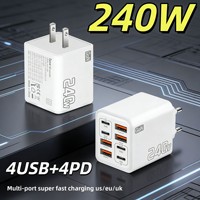 Chargeur multi-ports 240W au nitrure de gallium (GaN) le plus vendu à l'international, 4 ports USB + 4 ports USB-C, prises EU/US/UK, charge rapide PD3.0