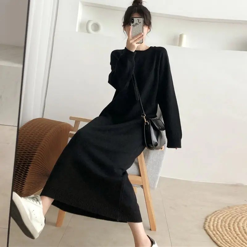 Women秋Winter Long Sweater Dress Female Long Sleeve Straight特大Knittedドレスラウンド襟Angora Maxi Sweaters