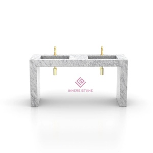 Lavabo double sur colonne en travertin romain personnalisable, moderne et autoportant, pour la vente au détail et les projets - Product Image 5