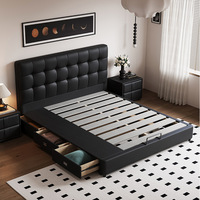 Lit King Size en Cuir Noir avec Rangement, Confortable, en Bois Massif, Style Vintage Italien pour Chambres, Hôtels et Appartements
