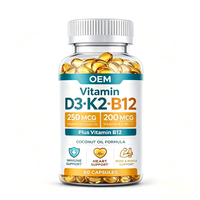 Capsules de Vitamine D3 K2 B12 en Gélules Molles à Marque Blanche 250mcg 200mcg MK7 pour l'Énergie, 60 Capsules pour Femmes, Complément Alimentaire