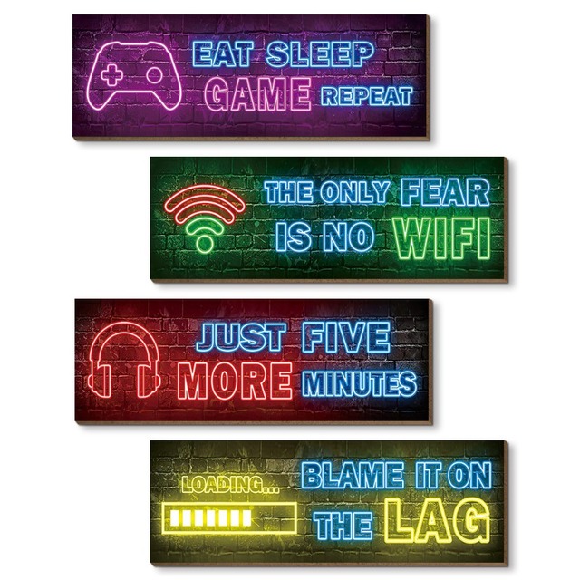 Neon Game Poster Teen Room Wall Hanging Gamepad Wooden Hanging Wall Decoration