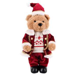 Burgundy Corduroy <b>Suit</b> Teddy Bear Standing Plush <b>Santa</b> Figure for Fireplace Mantel Christmas Decor - Product Image 1