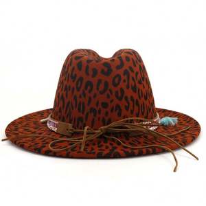 X3082 Chapeau unisexe en laine à imprimé léopard, casquette jazz tendance, chapeau Panama en laine Homburg - Product Image 2