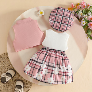 Ensemble de vêtements pour bébé <span class=keywords><strong>fille</strong></span> de 0 à 3 <span class=keywords><strong>ans</strong></span>, veste sans manches à col vertical à simple boutonnage en laine peignée d'été + robe-veste à carreaux + chapeau - Product Image 3