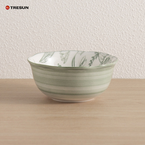 Juego de Vajilla de Cerámica de Dos Tonos con Diseño Floral, Platos con Líneas Botánicas Verdes, Tazones a Rayas - Product Image 2