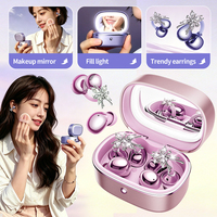 Écouteurs Bluetooth M195 avec miroir de maquillage intégré, double oreillette, lumière d'appoint, réduction du bruit, clip d'oreille ouvert et écouteurs sans fil