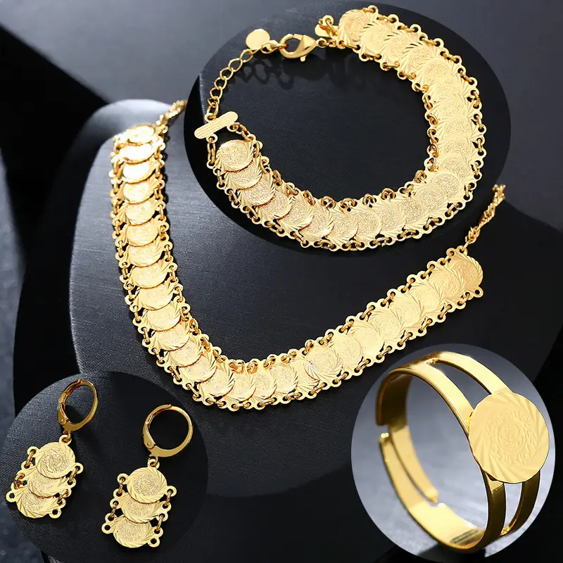 Mid East Arabic Money Gold Stainless Steel Necklace Earring Bracelet Ring Set for Man and Women