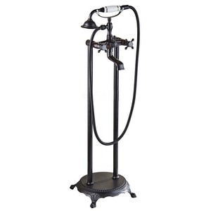 Ensemble de robinets de baignoire en laiton doré noir et antique, seau en bois froid et chaud, pommeau de douche style téléphone - Product Image 1