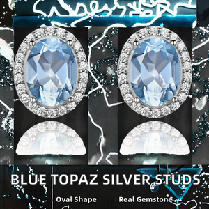 Hypoallergenic 925 Sterling Silver Rhodium Plated Certified Natural <b>Blue</b> <b>Topaz</b> Halo Claw Set Stud <b>Earrings</b> Trendy Gift Women's - Product Image 2