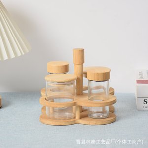 Estante giratorio de bambú para especias con botellas de vidrio y tapas de madera, organizador de condimentos para la cocina - Product Image 4