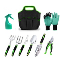 Ensemble d'outils de jardin bon marché de 9 pièces (râteau, cultivateur, sécateur, désherbeur, truelle, transplanteur, gants, sac, arrosoir)
