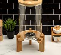 Distributeur de riz en verre avec support en bois, distributeur de farine et de sucre avec tasse à mesurer en verre pour l'organisation du garde-manger